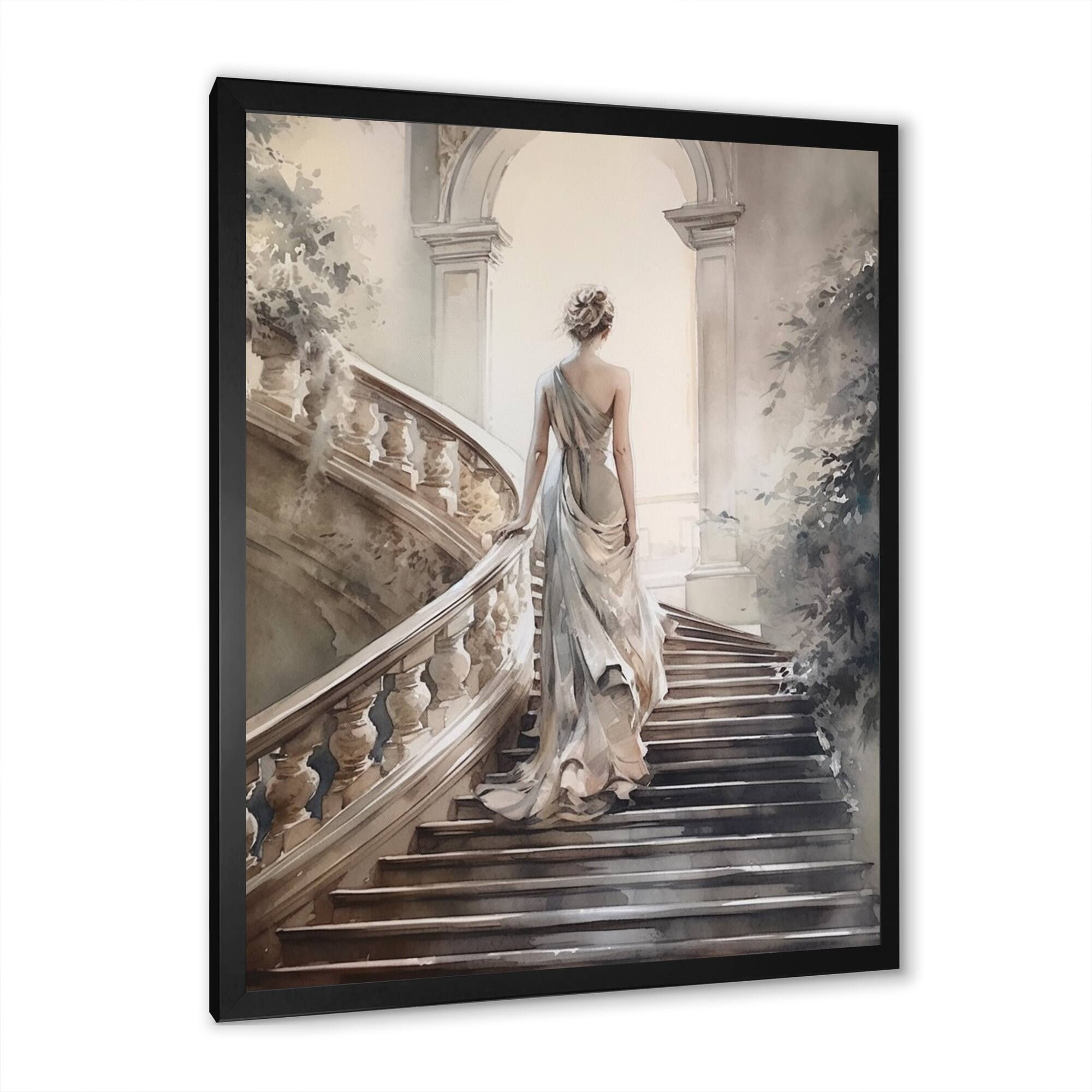Designart "Stunning Girl By The Stairs Ii" Woman Romantic Framed Wall